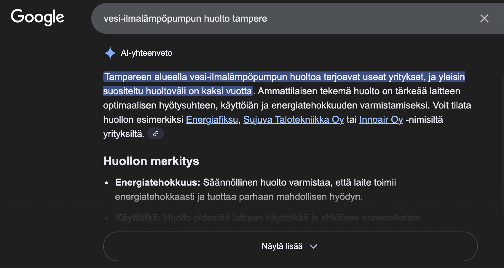 Kuvassa esimerkki google-hausta ja AI yhteenvedosta.