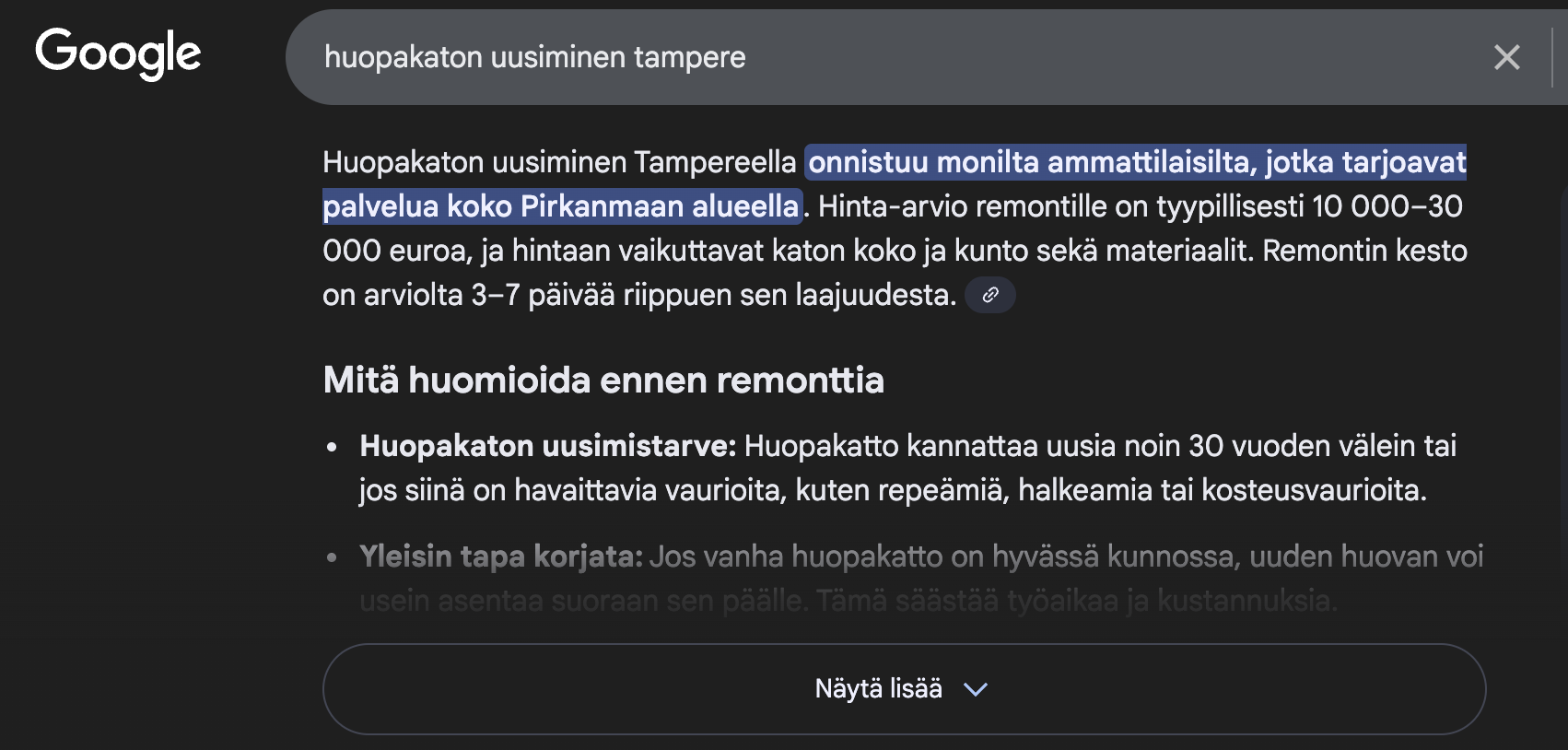 Kuvassa google-haun AI-yhteenveto haulle 'huopakaton uusiminen tampere'.