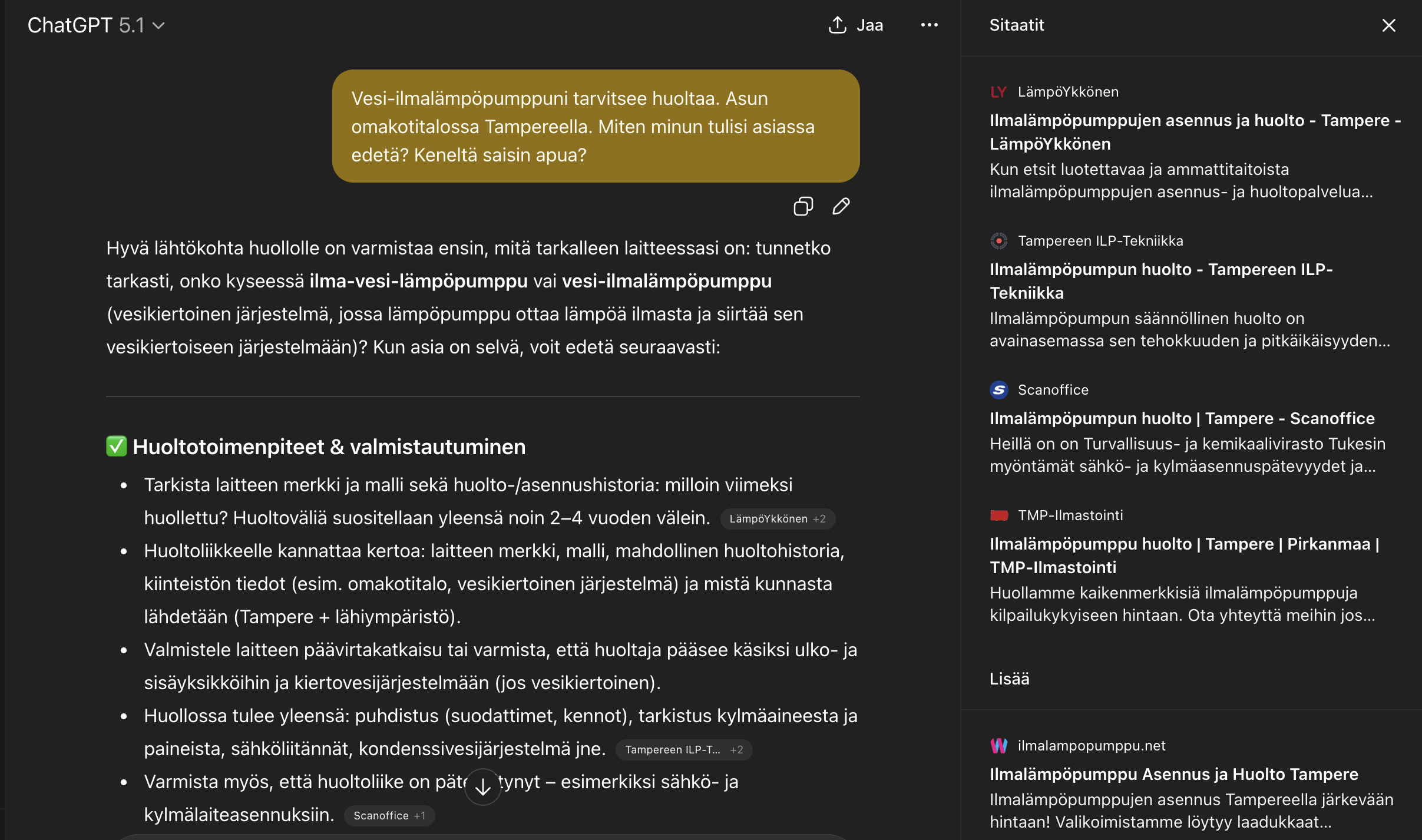Kuvassa keskustelu vesi-ilmalämpöpumpun huoltoon liittyen tekoälyn kanssa.